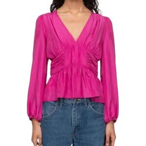 NEW Sea New York Fabiola 100% Silk Smocked Peplum Top in Pink– Size 16